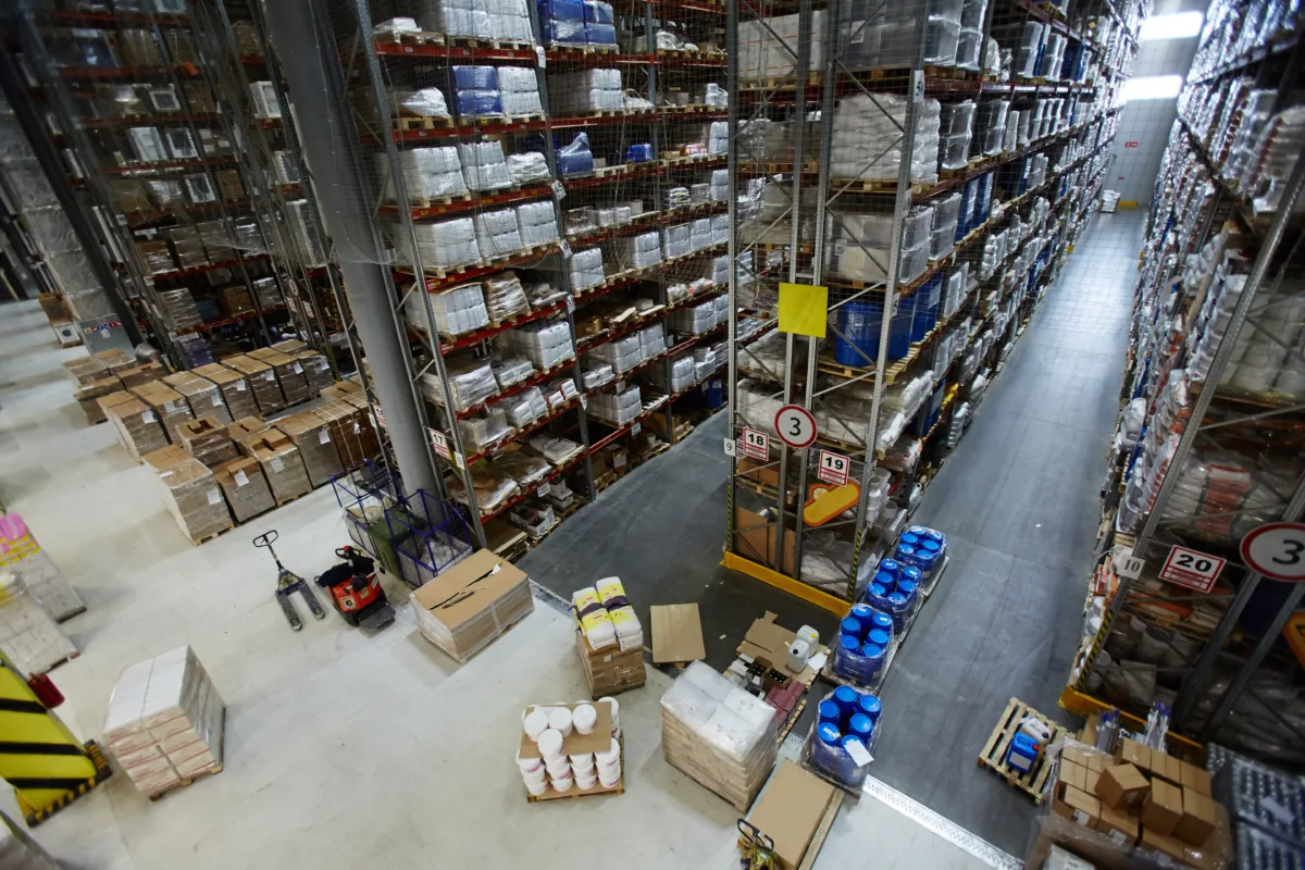 View of empty storage house with goods for export