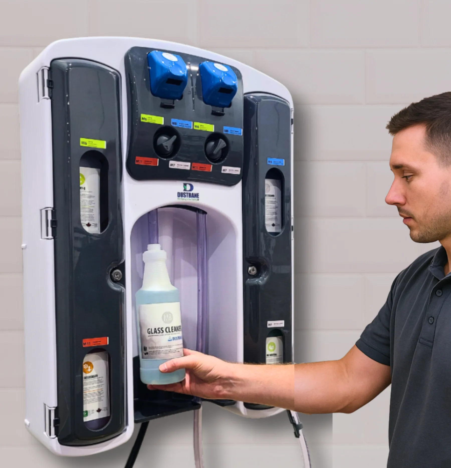 man filling spray bottle from modularflex system
